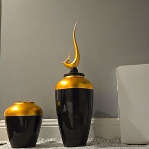 Vintage Pickard Style Gilt Gold Black Porcelain Huge Sculpture Vase Pair